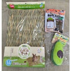 (Limited Set) Marukan Rabbit's Natural Grass Mat (LL)+MiniAniman Plush Toy for Rabbit (Avocado) + Sanko Ribwort 30g